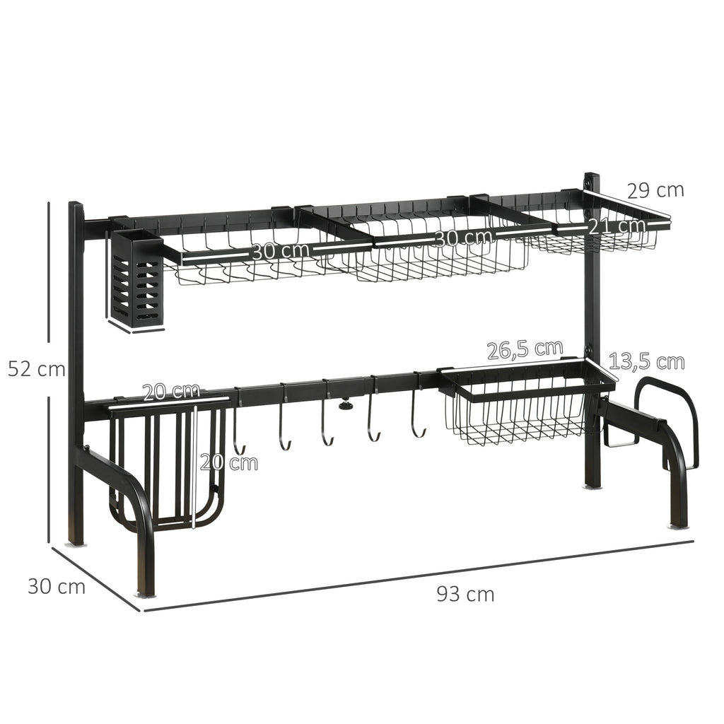 Égouttoir à vaisselle au-dessus de l'évier séchoir à vaisselle 2 niveaux, modulables en acier, 93 x 30 x 52 cm, noir