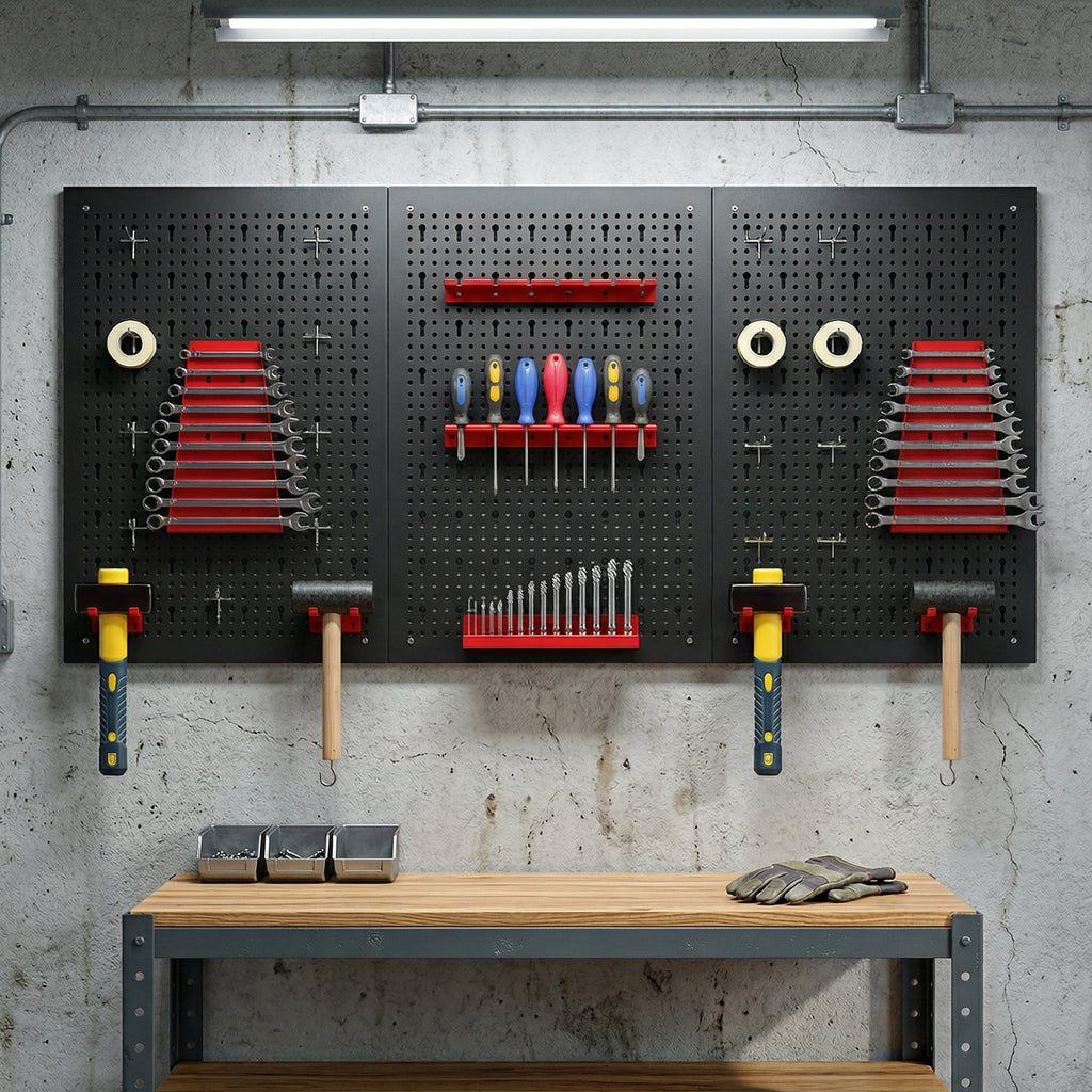 panneau perforé mural 600 x 400 mm, organiseur garage en acier avec 3 panneaux perforés, noir et rouge