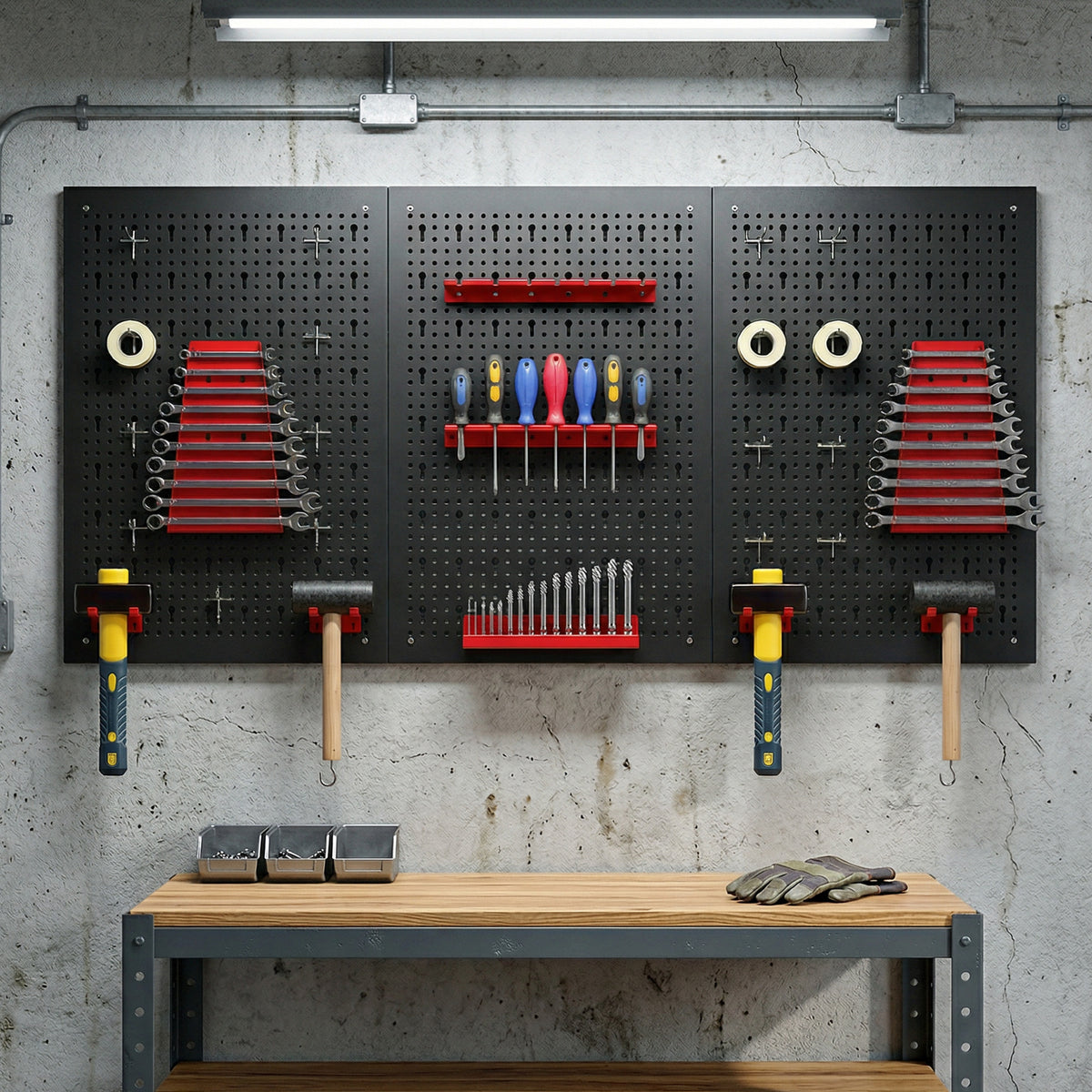 panneau perforé mural 600 x 400 mm, organiseur garage en acier avec 3 panneaux perforés, noir et rouge