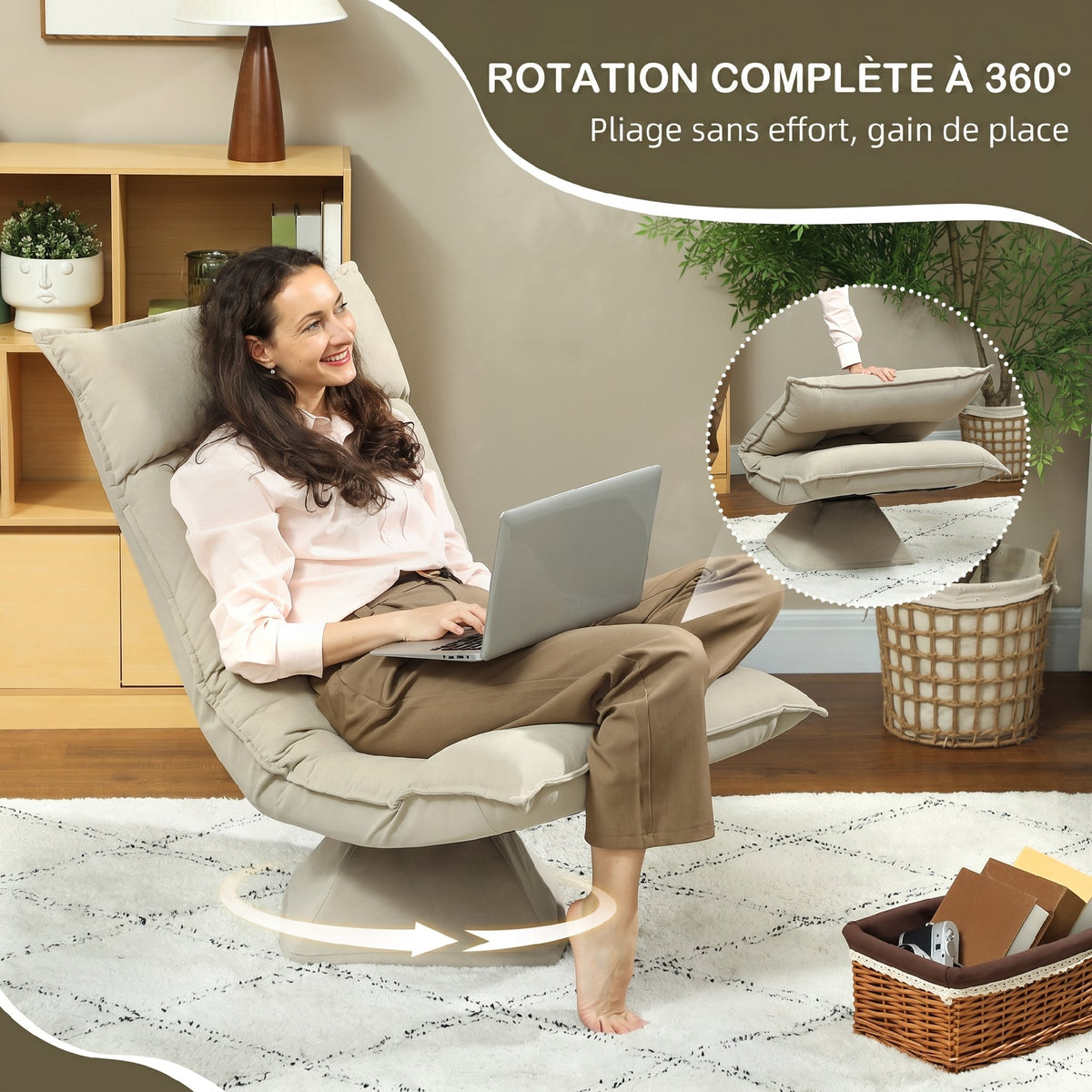 Chaise de sol pivotante à 360°, fauteuil pliable en velours avec dossier réglable 5 positions, 70x62x95cm, beige
