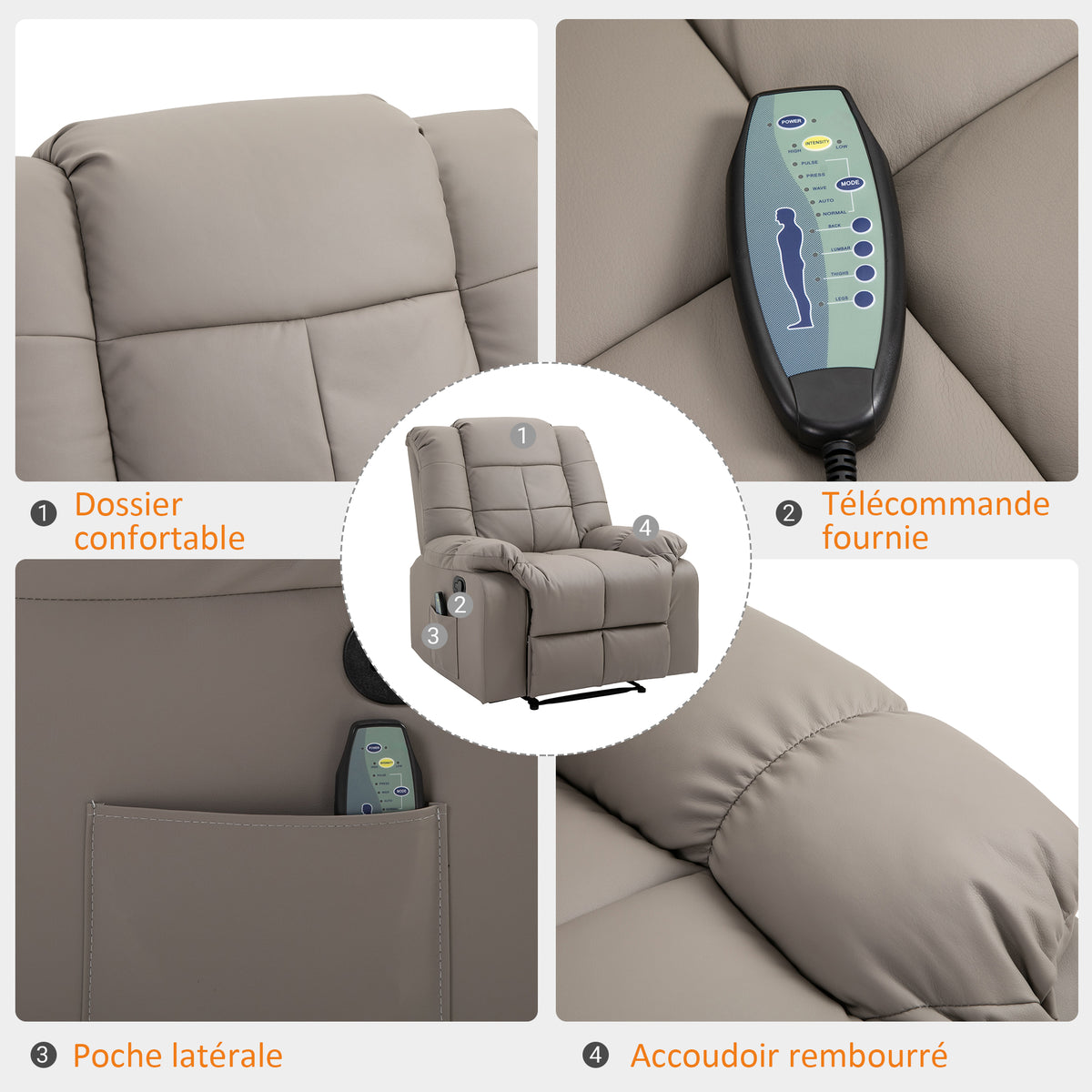 Fauteuil de massage fauteuil de relaxation massant avec dossier inclinable manuellement et repose-pied fauteuil TV revêtement synthétique télécommande incluse gris
