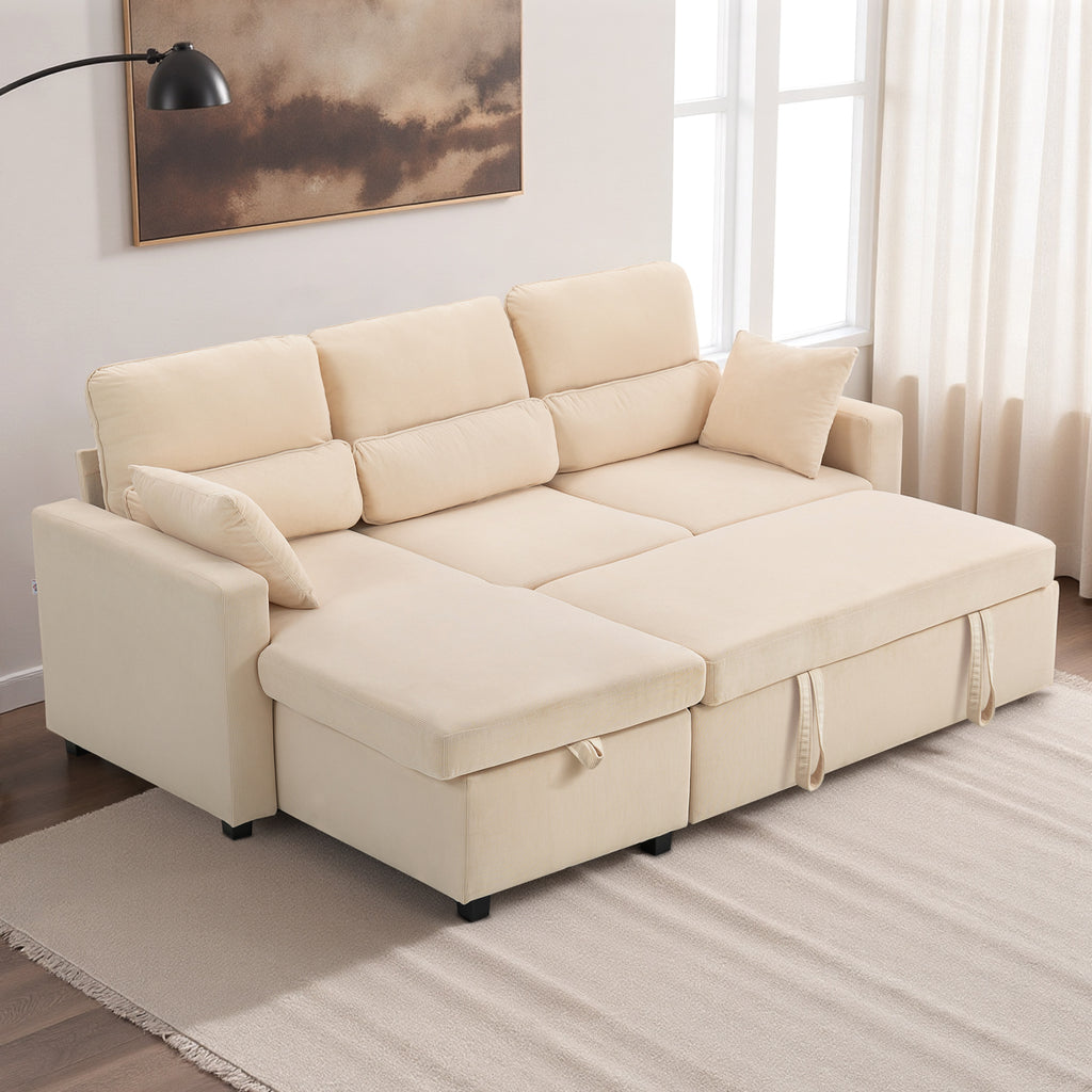 Canapé d'angle convertible en velours côtelé, canapé-lit 3 places avec rangement caché, coussins, 205x135x76cm, beige