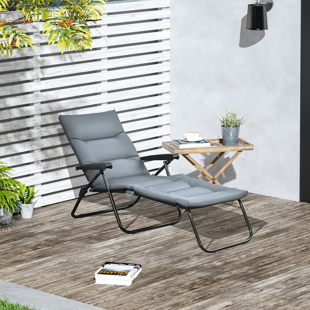 Bain de soleil pliable transat inclinable 6 positions avec matelas + accoudoirs acier polyester gris