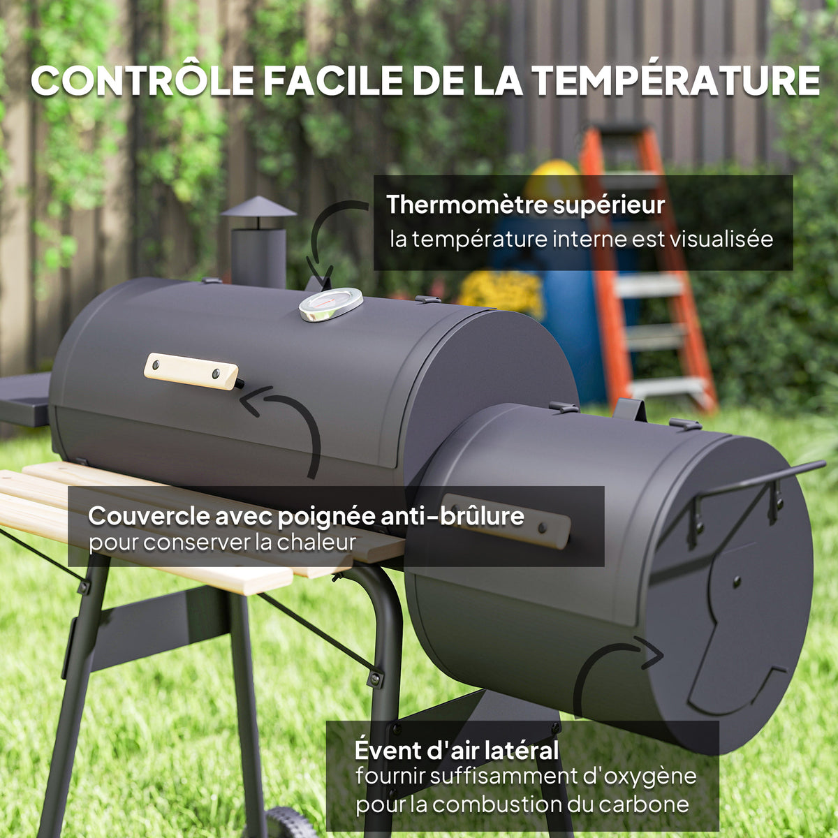 Barbecue à Charbon fumoir BBQ Grill Smoker sur Pied avec Couvercle, roulettes, thermomètre, étagères Noir