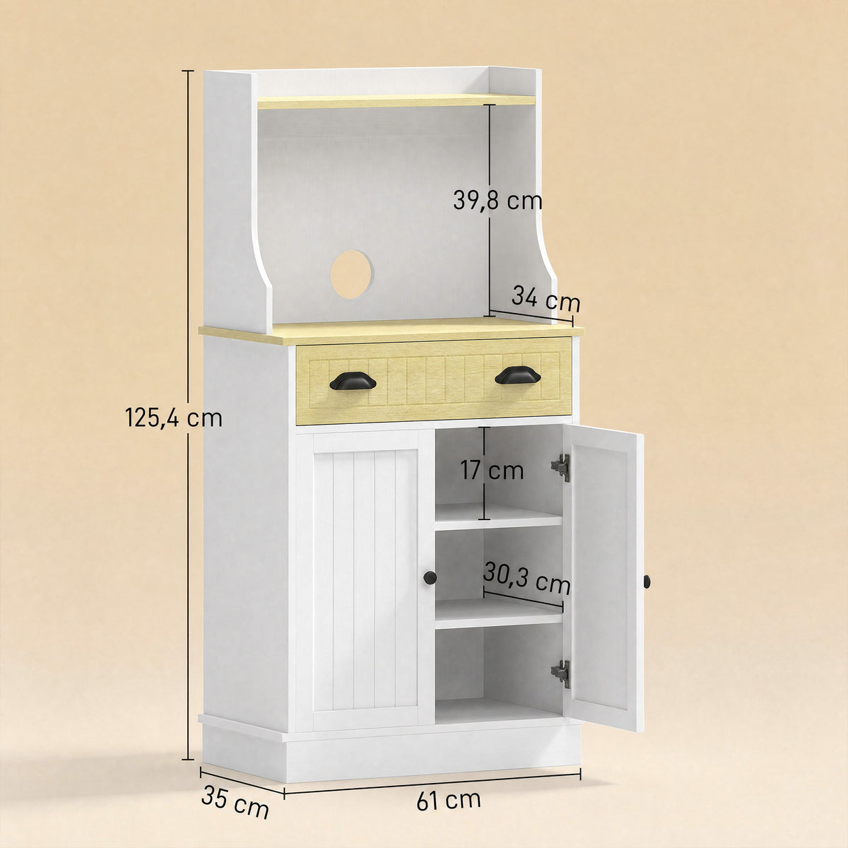 Meuble armoire micro-ondes pour cuisine avec espace ouvert 1 tiroir et placard 2 portes 61 x 35 x 125,4 cm chêne