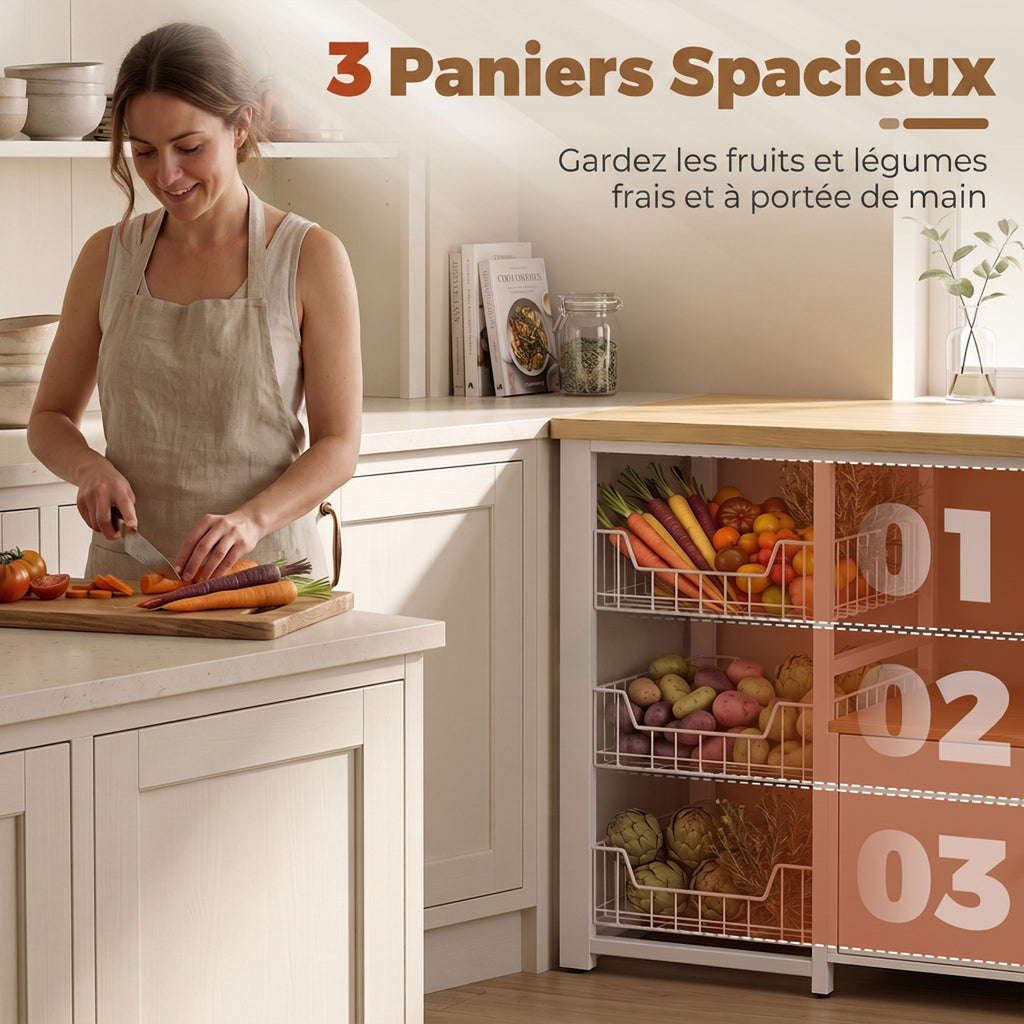 Étagère de rangement de cuisine avec paniers coulissants et placard, support micro-ondes, 100 x 35 x 80 cm, blanc