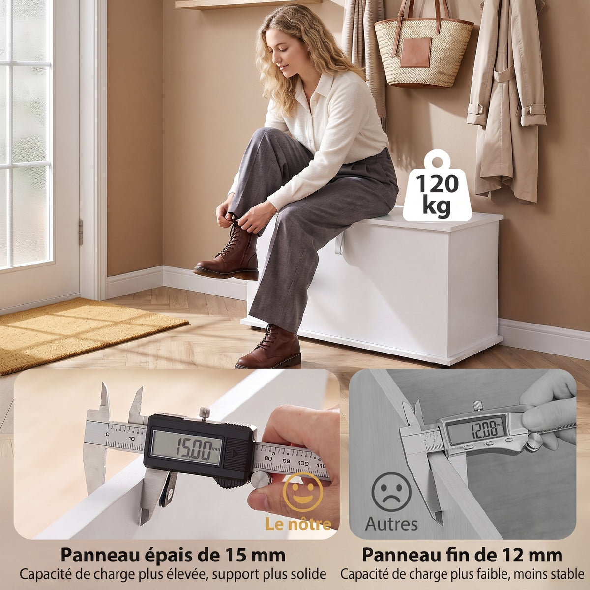 Coffre de Rangement, Banc de Rangement avec Couvercle Rabattable et Charnières de Sécurité, 80 x 40 x 45 cm, Blanc
