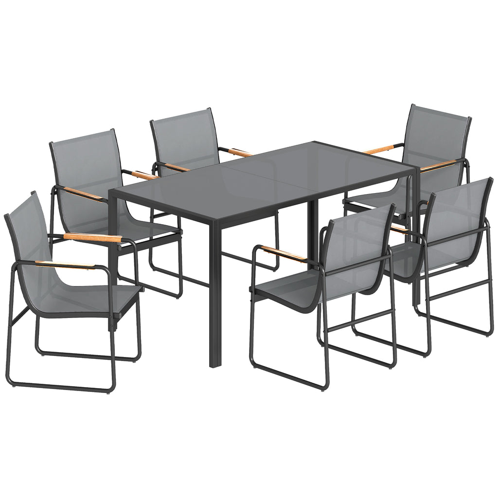 Ensemble de Salle à Manger d'Extérieur 7 Pièces pour 6 Personnes, Table en Verre et Chaises en Maille avec Accoudoirs Décoratifs, Gris