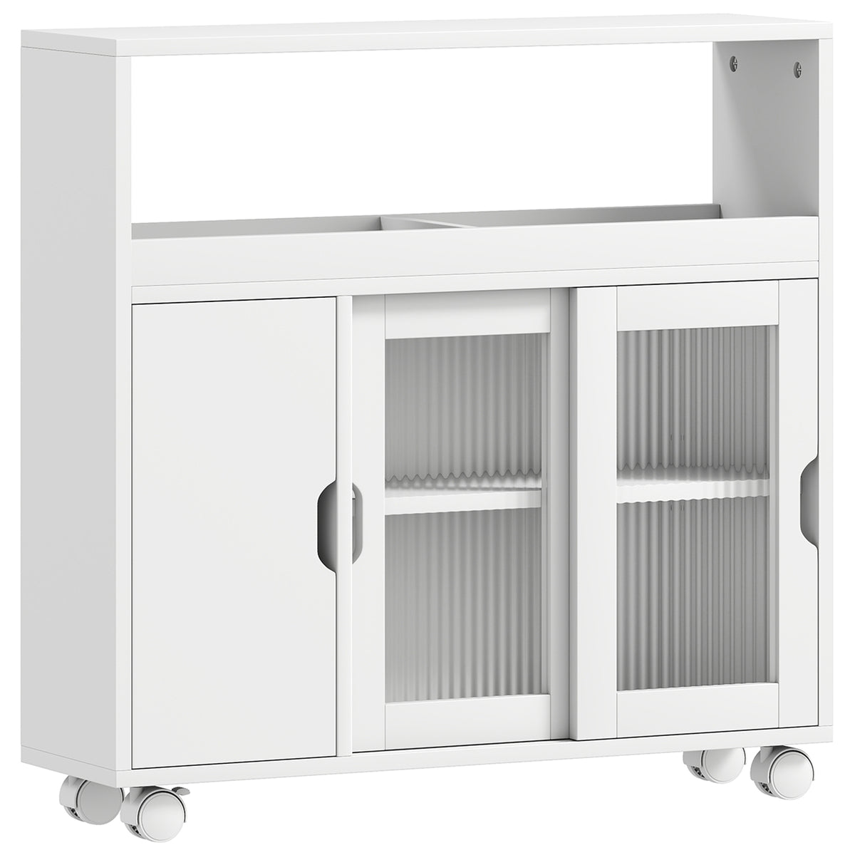Meuble de Salle de Bain sur Roulettes, Portes en Verre Trempé, Compartiment Ouvert, Étagère Réglable, 71x20x70cm, Blanc