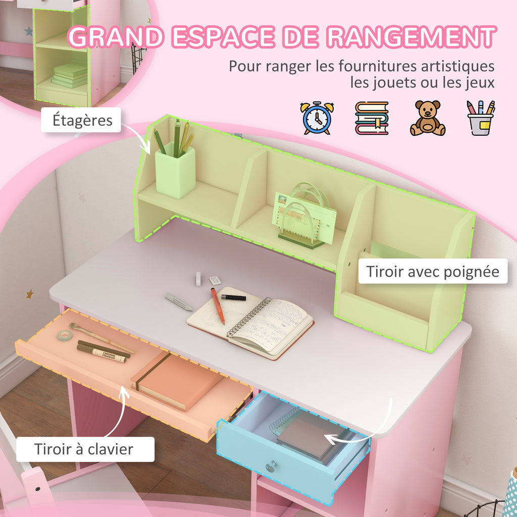 Bureau enfant avec chaise ergonomique avec clavier coulissant tiroir niches et étagères ouvertes 90 x 45 x 90 cm rose