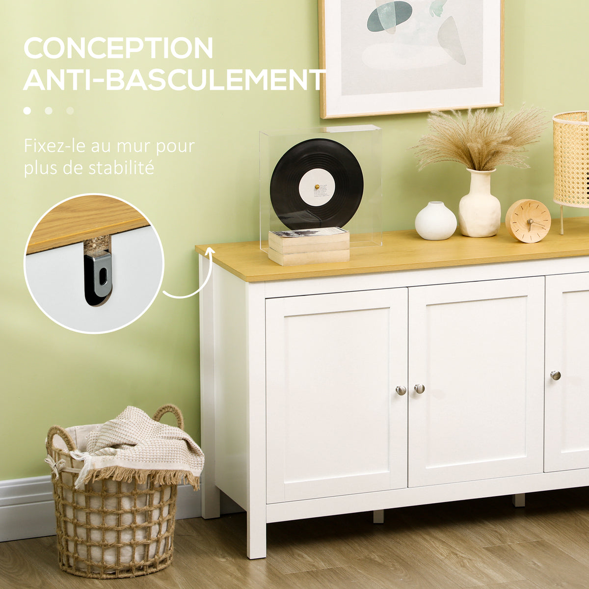 Buffet meuble de rangement avec 3 portes 2 étagères réglables plateau aspect bois clair 120 x 40 x 70 cm blanc