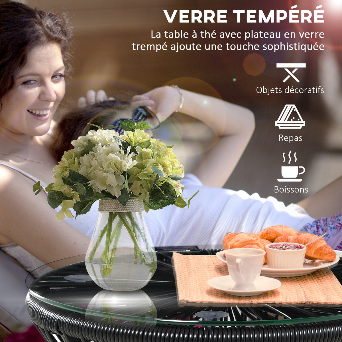 Table de jardin ronde en résine tressée imitation rotin table de bistrot métal plateau verre trempé Ø 40 x 42 cm noir