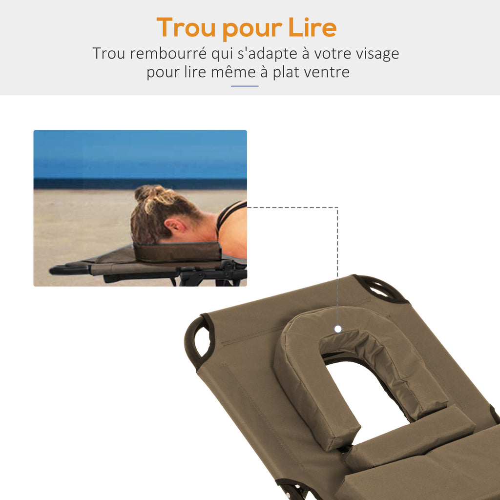 Transat de Jardin Chaise Longue Pliante Bain de Soleil avec Appuie-tête, Trou de lecture et Dossier Inclinable, Marron