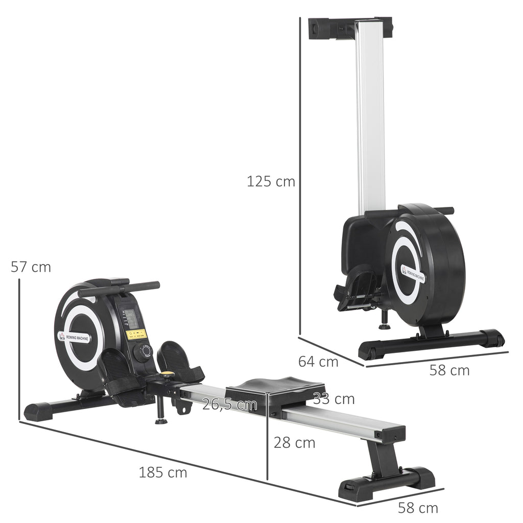 Rameur d'appartement Pliable freinage magnétique - Silencieux - 8 Niveaux de résistance magnétique - Glissière en Aluminium - écran LCD Multifonction - Acier alu. ABS Noir Argent