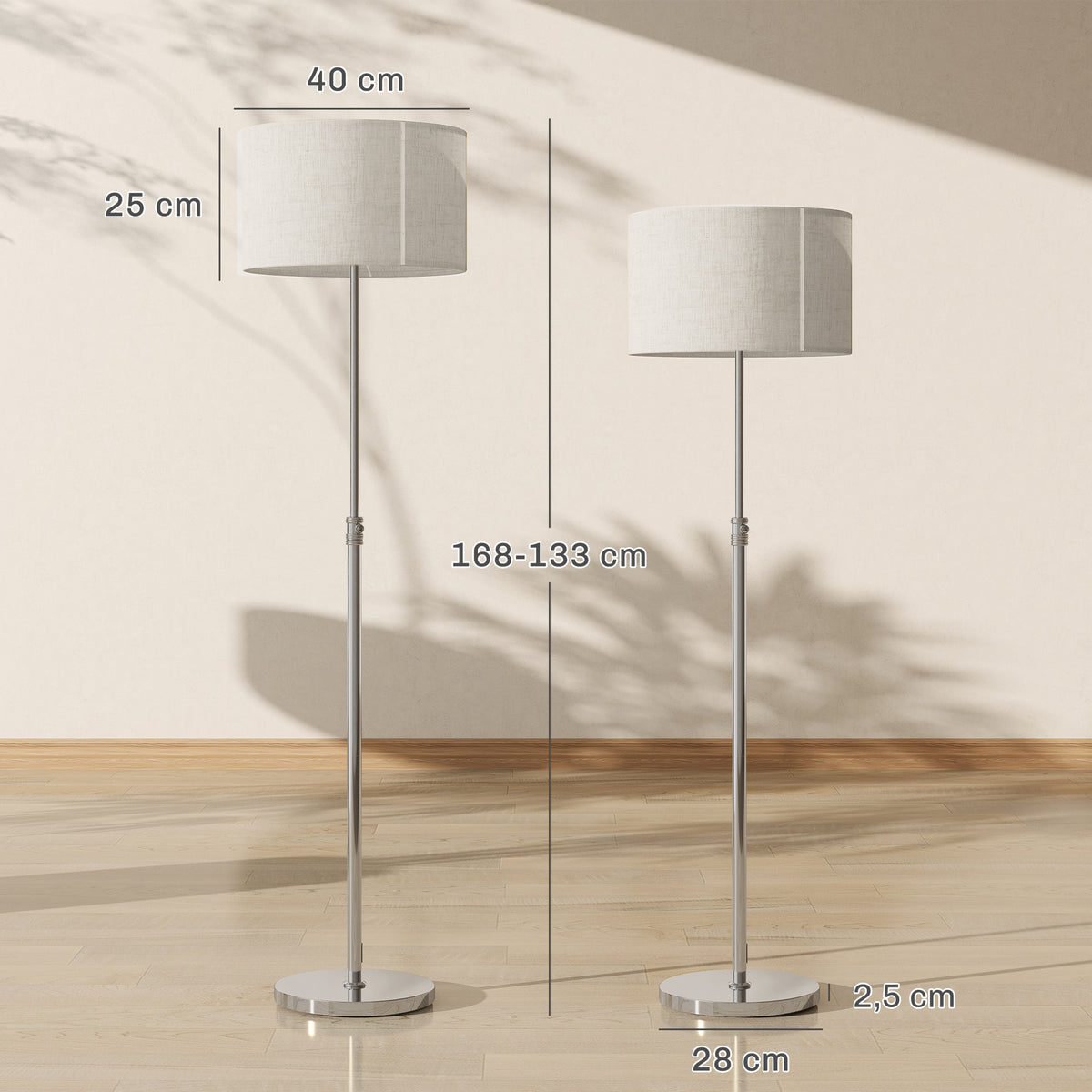 Lampadaire sur pied salon, lampe sur pied dimmable avec télécommande, abat-jour en lin, hauteur réglable 133-168cm, argent
