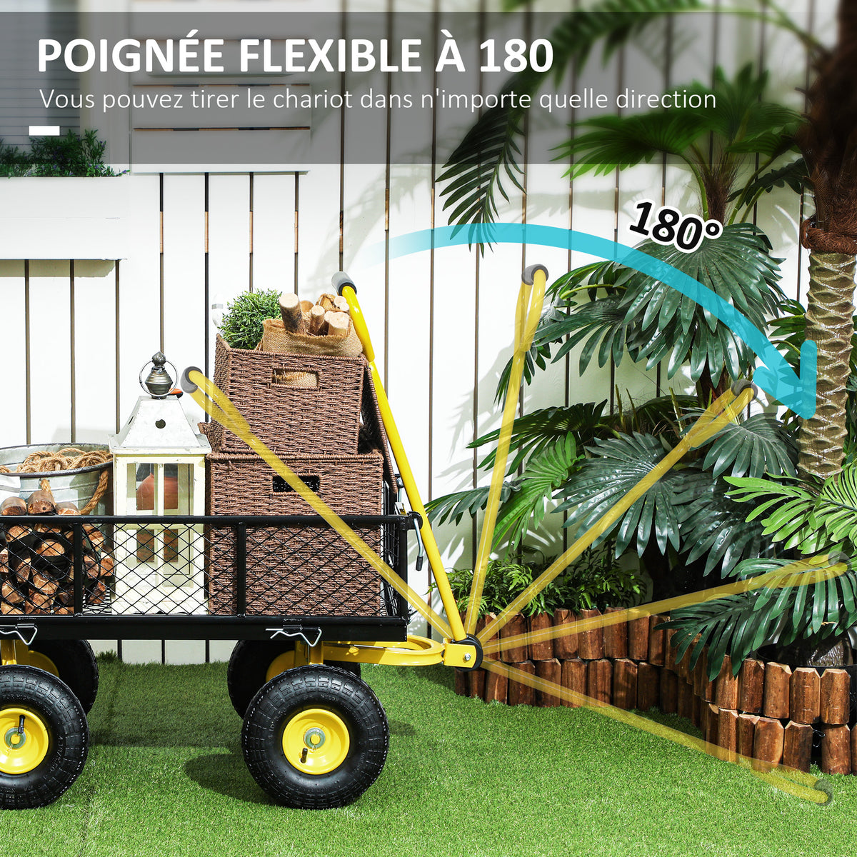 Chariot de jardin chariot de transport 4 roues côtés amovibles transformable en plateau 104 x 54 x 51 cm noir et jaune