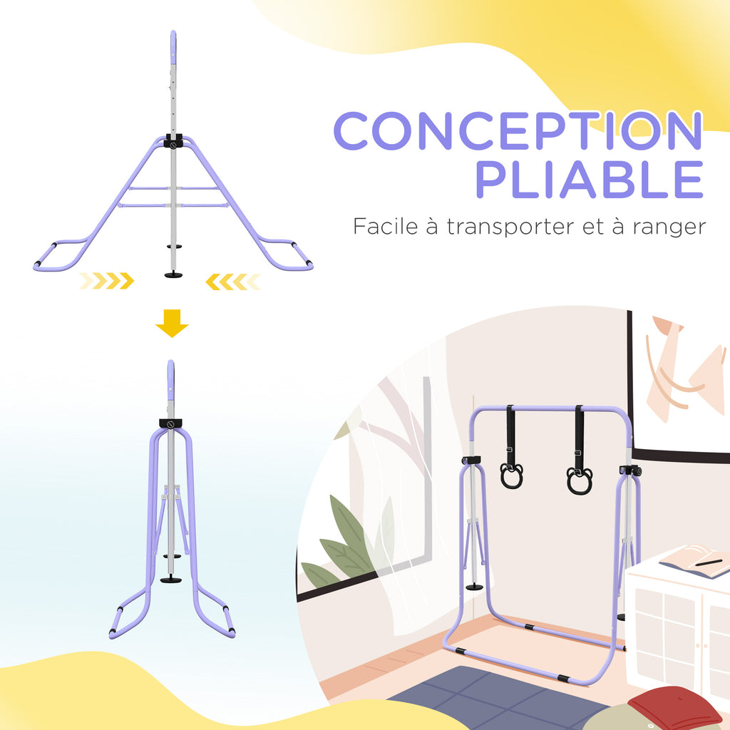 Barre de gymnastique pour enfants, barre horizontale pliable à hauteur réglable avec anneaux de gymnastique, violet