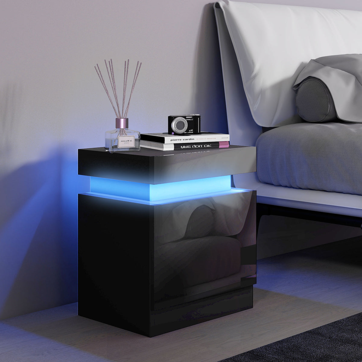 Table de chevet table de nuit lumière LED RVB panneau haute brillance avec 2 tiroirs pour salon chambre à coucher noir