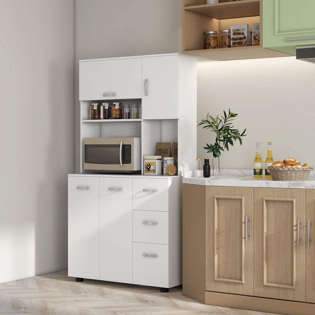 Armoire de cuisine multi-rangements 4 portes 3 tiroirs étagère + grand plateau 89L x 39,5l x 168H cm blanc