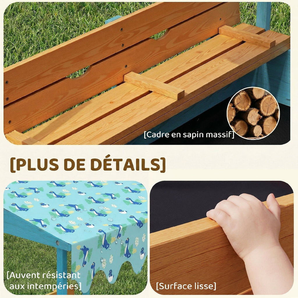 Bac à sable en bois avec couvercle, bac à sable enfant extérieur avec siège pliable toile imprimée flamants bleus