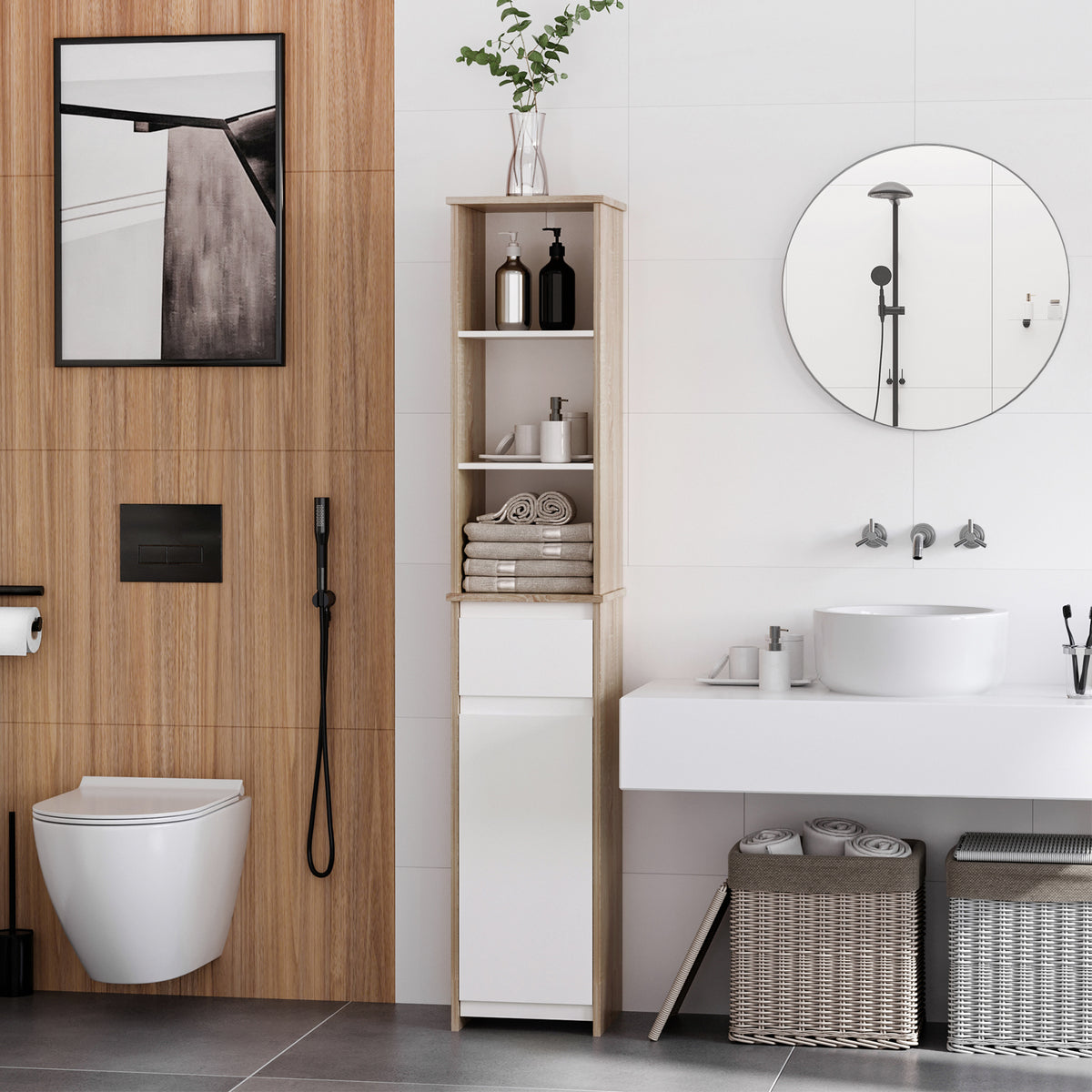 Meuble Colonne Rangement Salle de Bain Style Cosy 3 niches tiroir Placard avec étagère Blanc Aspect chêne Clair