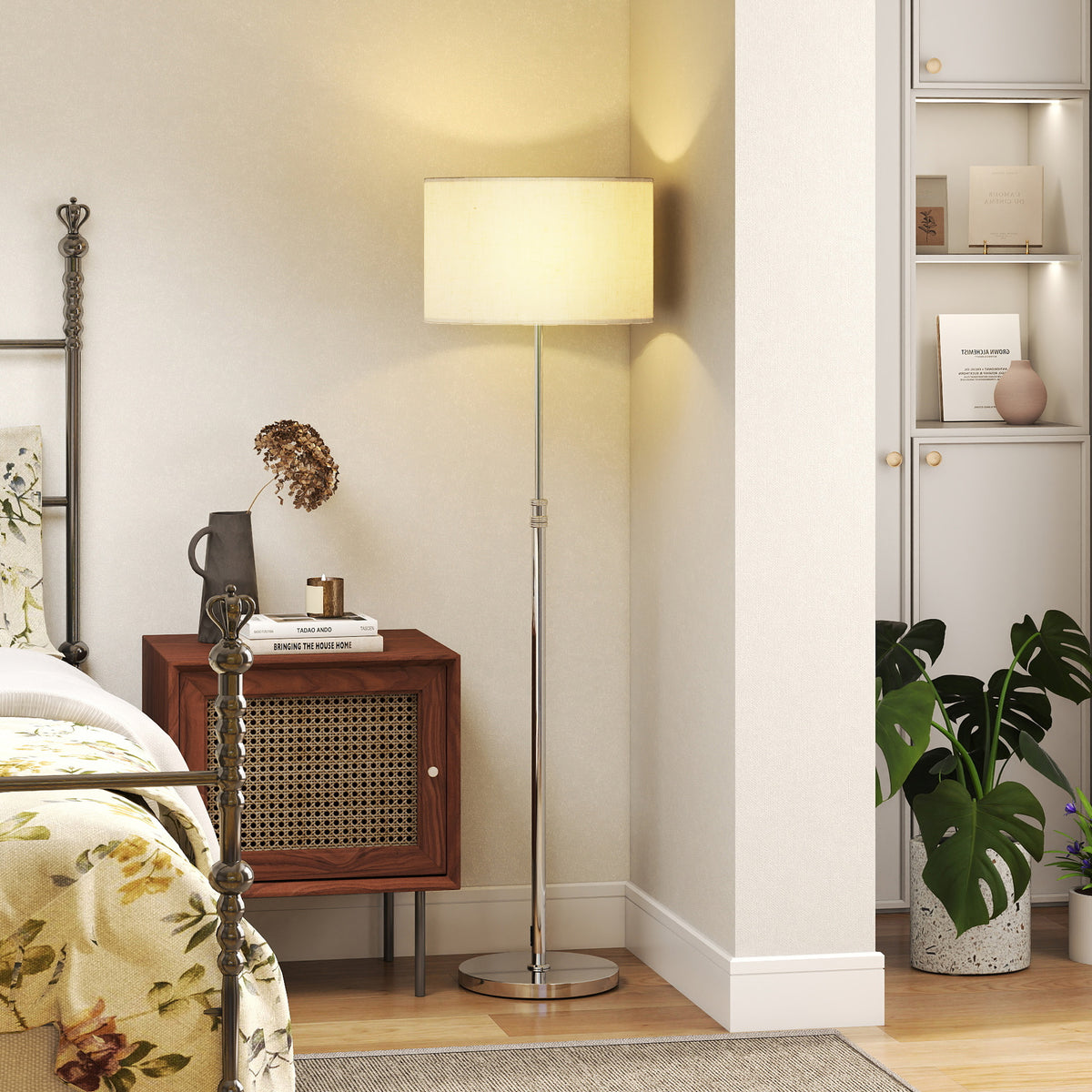 Lampadaire sur pied salon, lampe sur pied dimmable avec télécommande, abat-jour en lin, hauteur réglable 133-168cm, argent