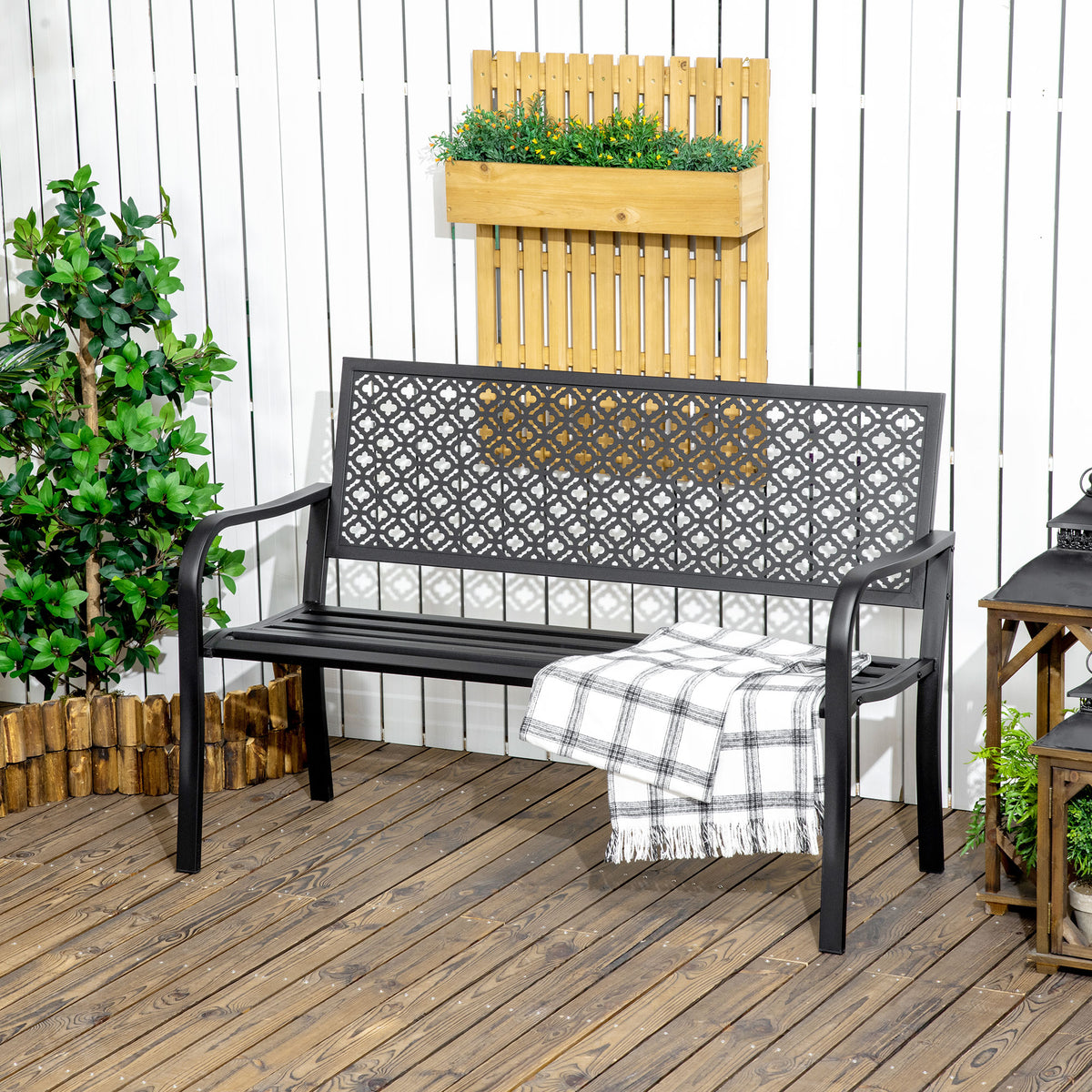 Banc de jardin banc extérieur jardin en acier avec dossier à motif floral pour 2 personnes 127 x 63 x 83 cm noir