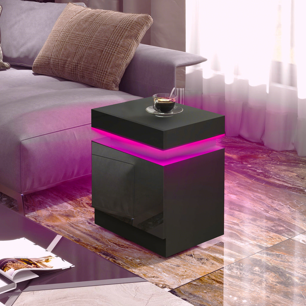 Table de chevet table de nuit lumière LED RVB panneau haute brillance avec 2 tiroirs pour salon chambre à coucher noir
