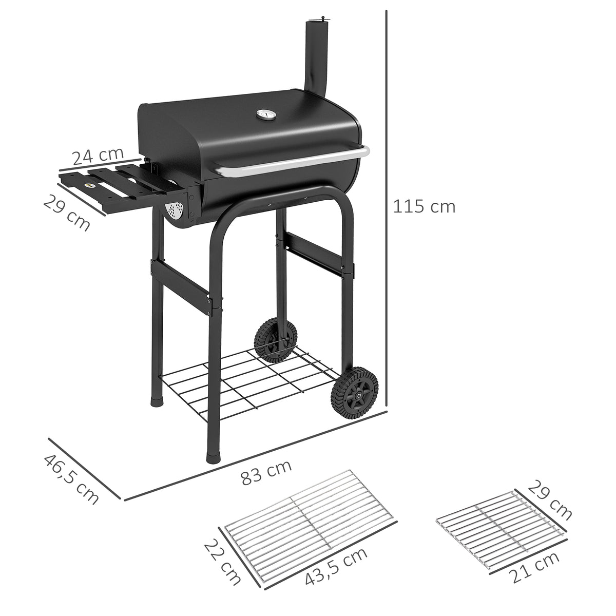 Barbecue au charbon de bois chariot de BBQ, avec étagères, roulettes, couvercle, thermomètre, cheminée, en métal noir
