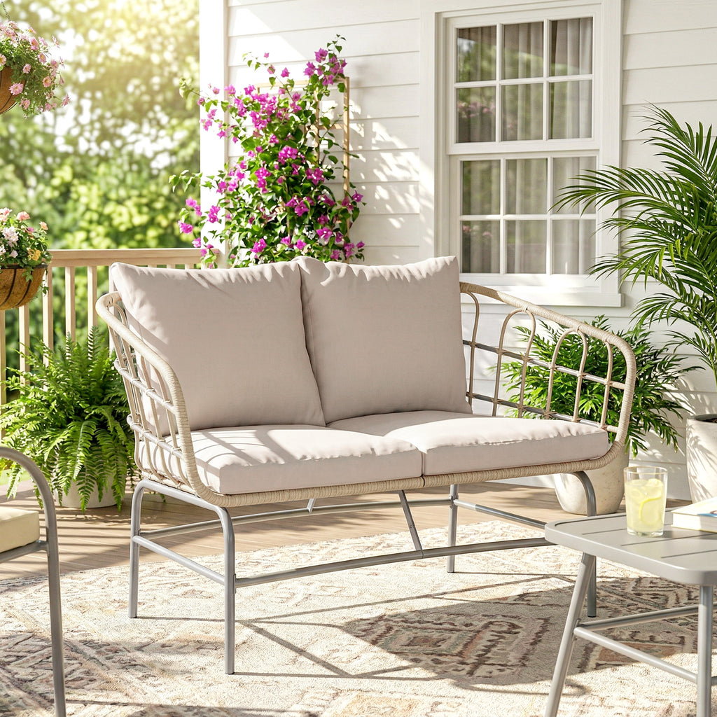 Canapé de Jardin 2 Places en Résine Tressée Coussins Épais Anti-glisse 120 x 67 x 79 cm Marron