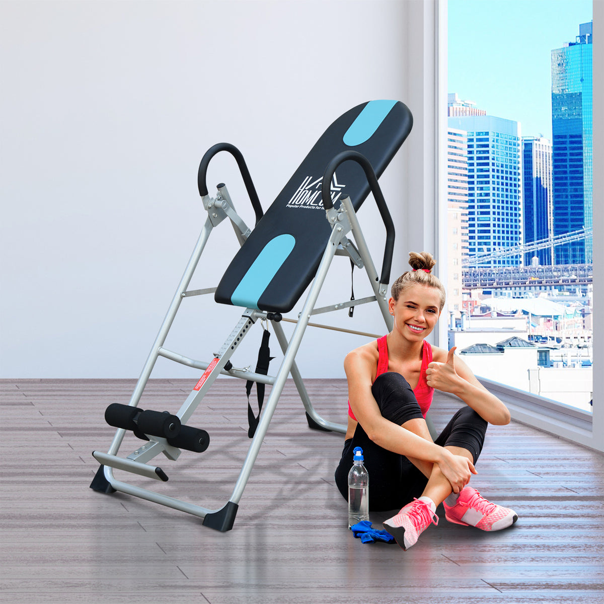 Table d'inversion de musculation pliable ceinture de sécurité réglable acier coloris argent noir