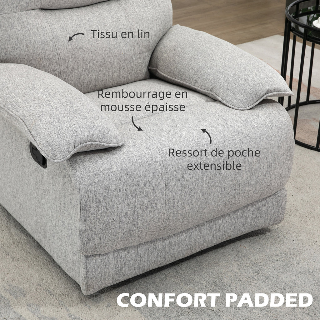 Fauteuil de relaxation inclinable manuellement avec repose-pied ajustable tissu aspect lin gris clair