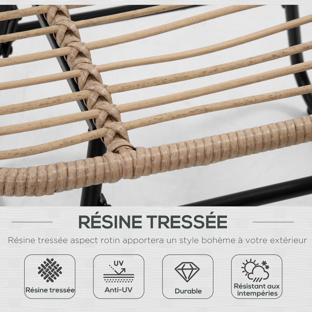 Fauteuil chaise de jardin avec repose-pieds en métal époxy et résine tressée aspect rotin avec coussins