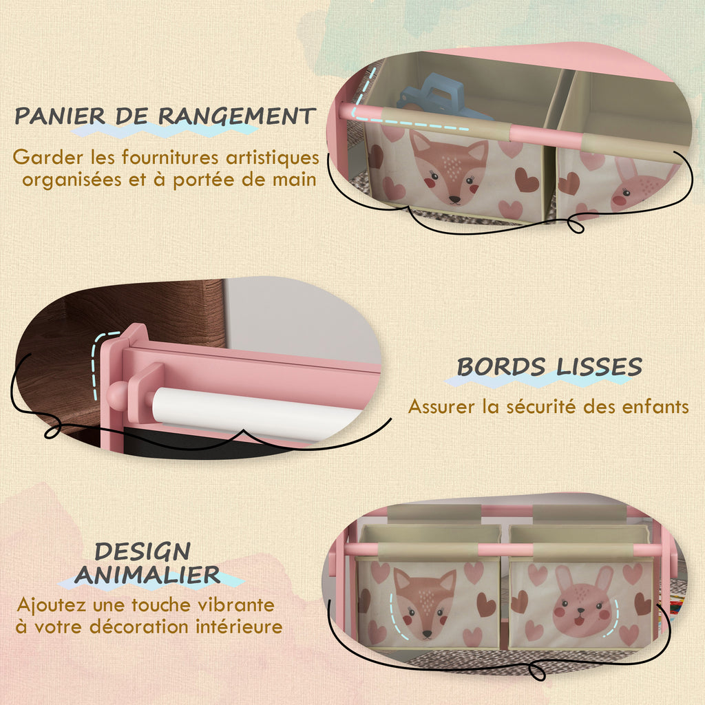 Tableau chevalet double-face rouleau papier 2 paniers + meuble à jouets de rangement à 6 boîtes, 63 x 30 x 66 cm, rose