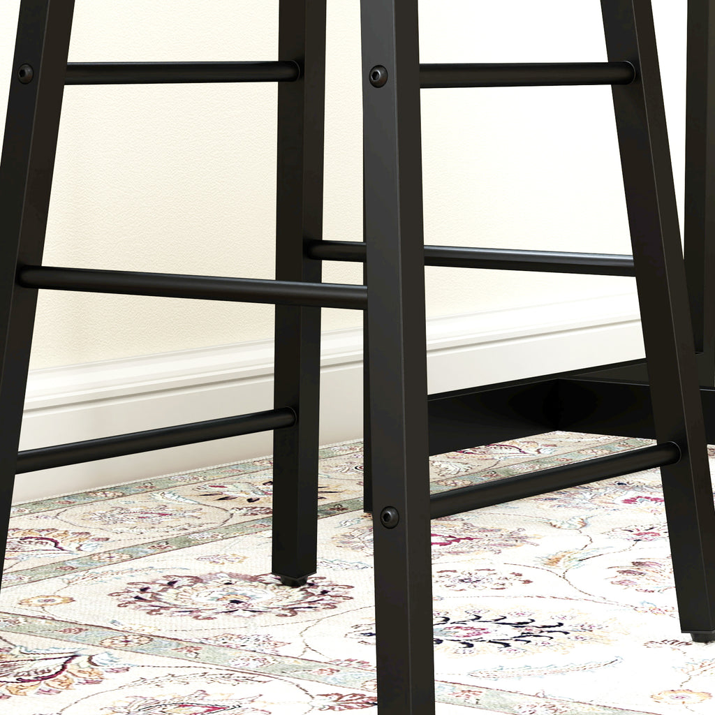 Ensemble table de bar avec tabourets, compartiments ouverts, étagère réglable et repose-pieds, chêne et noir