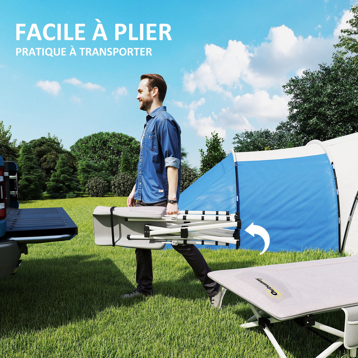 Lit de camping pliable avec matelas transat chaise longue sac de rangement intégrée dim. 185L x 65l x 37H cm gris