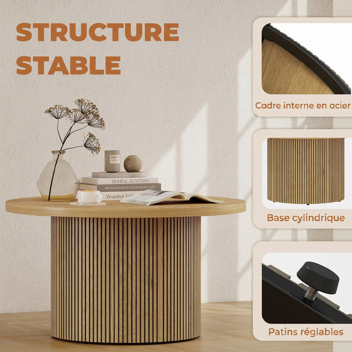 Table basse ronde en bois, table de salon avec piètement cannelé, style moderne, effet bois naturel