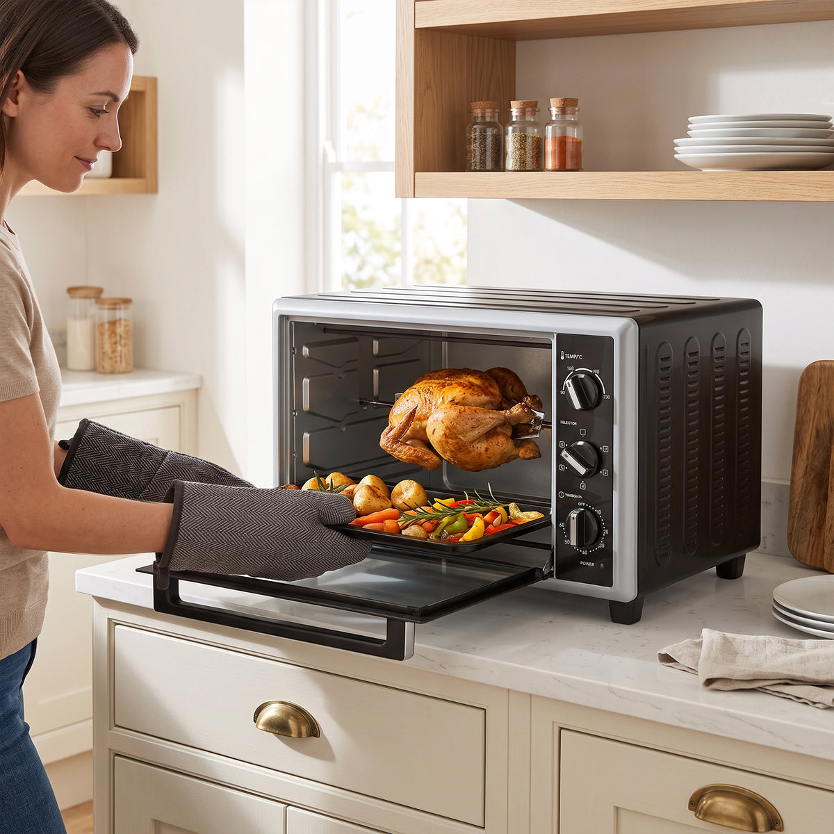 Mini-Four Électrique avec Broche Rotative 46L 1800W, Four à Convection Multifonction, Chaleur Tournante, Minuterie, Noir