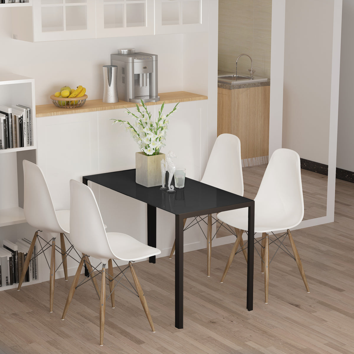 Table à manger pour 4 personnes, table de cuisine avec plateau en verre trempé et pieds en métal, 120x60x75cm, noir