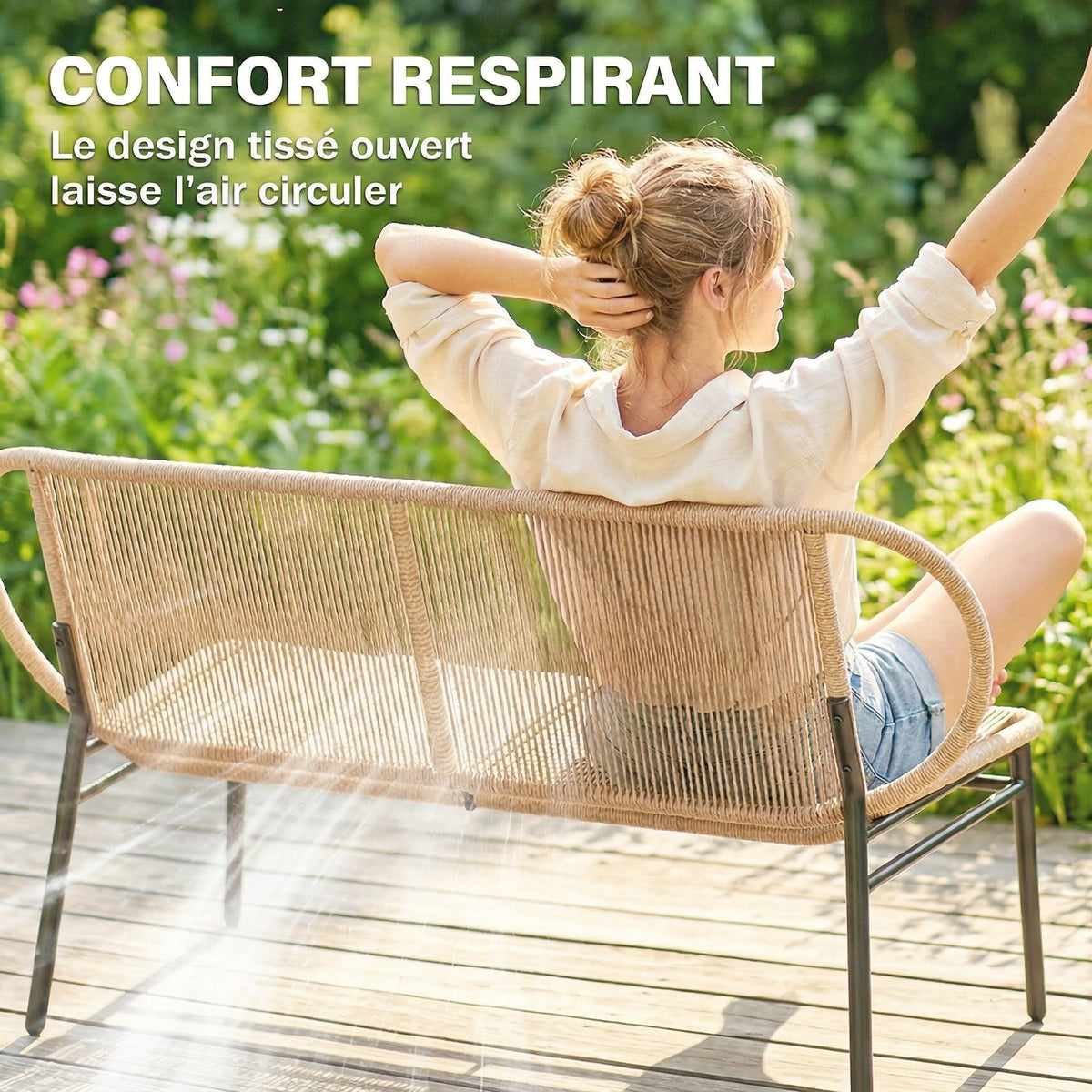 Banc de jardin 2 places, banc d'extérieur en résine tressée avec cadre en métal, résistant aux intempéries, naturel