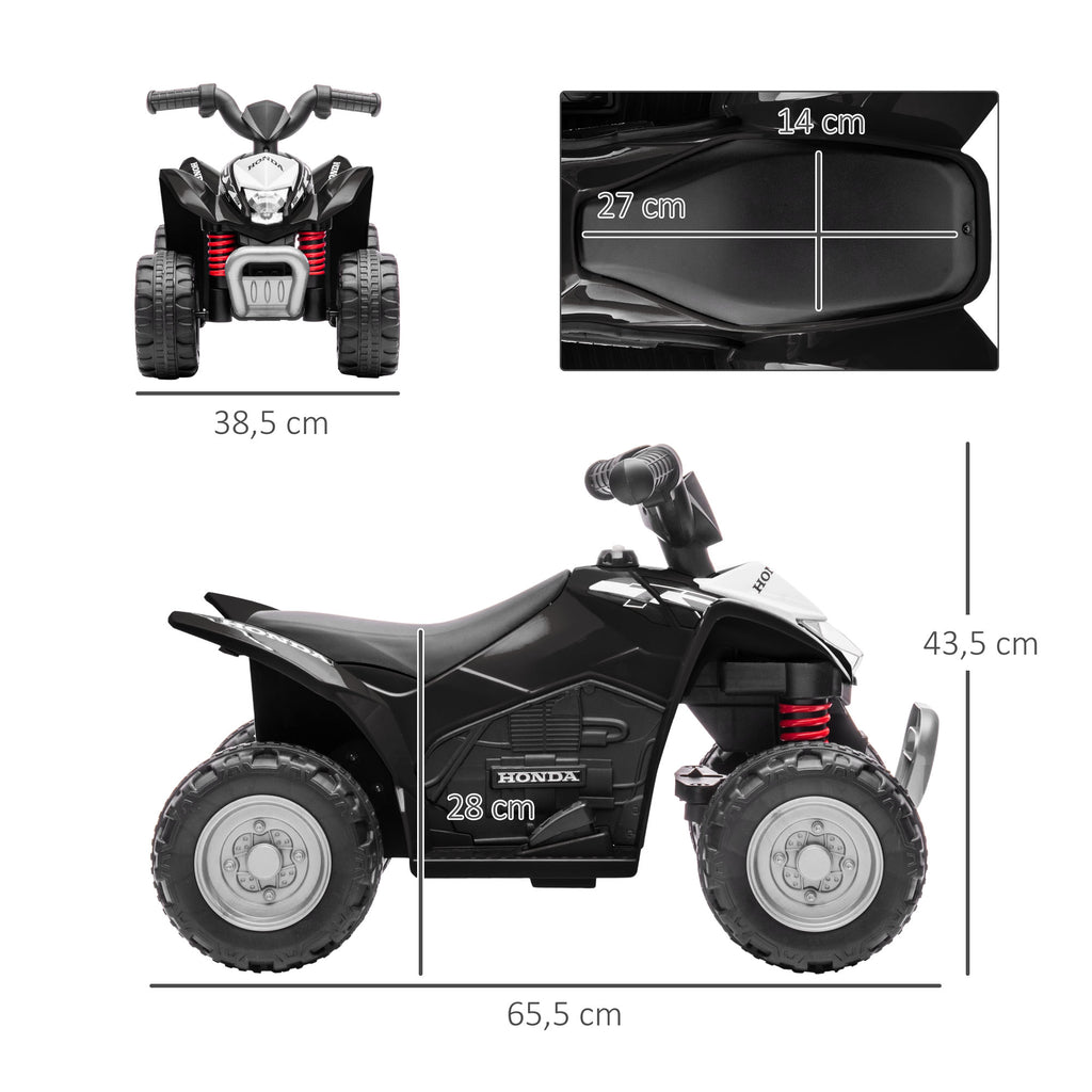 Quad électrique enfant 6 V, vitesse de 2,8 km/h, phares LED, klaxon, poignée et selle ergonomique, noir