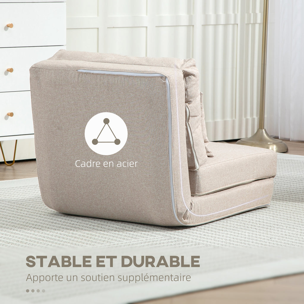 Chauffeuse canapé-lit convertible fauteuil 1 place avec 1 coussin avec dossier réglable, beige