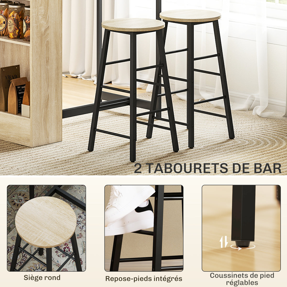 Ensemble table de bar avec tabourets, compartiments ouverts, étagère réglable et repose-pieds, chêne et noir