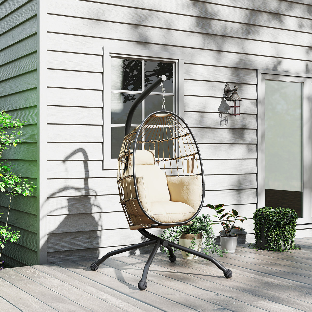 Fauteuil oeuf suspendu, intérieur et extérieur, panier pliable, coussin rembourré, cadre en acier, beige