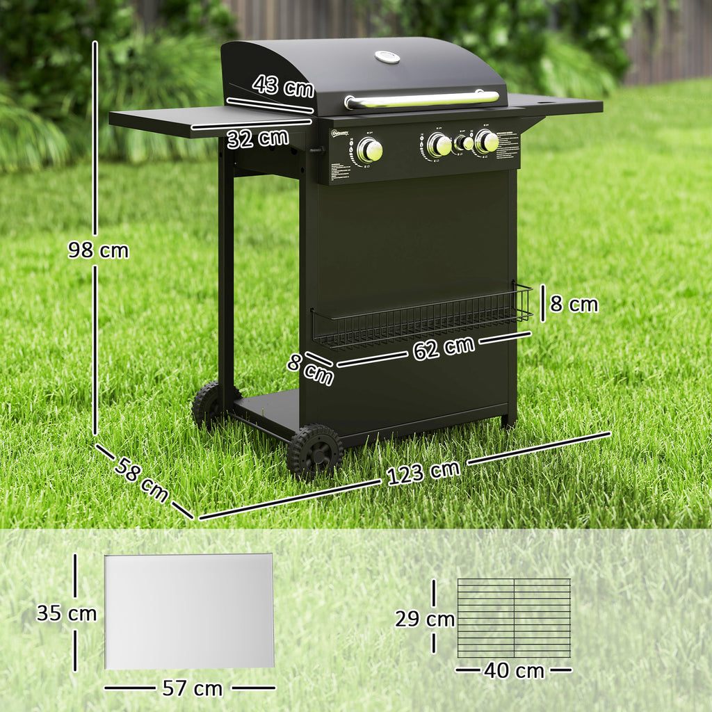 Barbecue gaz 3+1 brûleurs en acier, puissance 9,5 kW, barbecue de jardin 2 grilles étagères latérales, 2 roues, noir