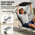 Transat Bain de Soleil Pliable Chaise Longue Pliante Grand Confort Dossier Inclinable Multi-positions et Pare-Soleil réglable Dim. 187L x 58l x 36H cm Noir