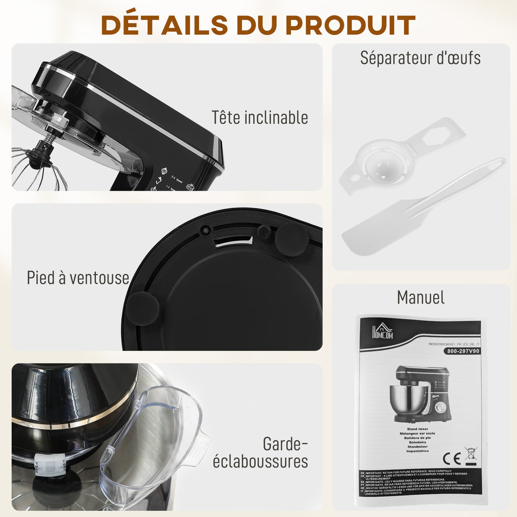 Robot Pâtissier 1400 W, Robot Pétrin Professionnel 7 L avec 6+P Vitesses, Crochet Pétrisseur, Noir