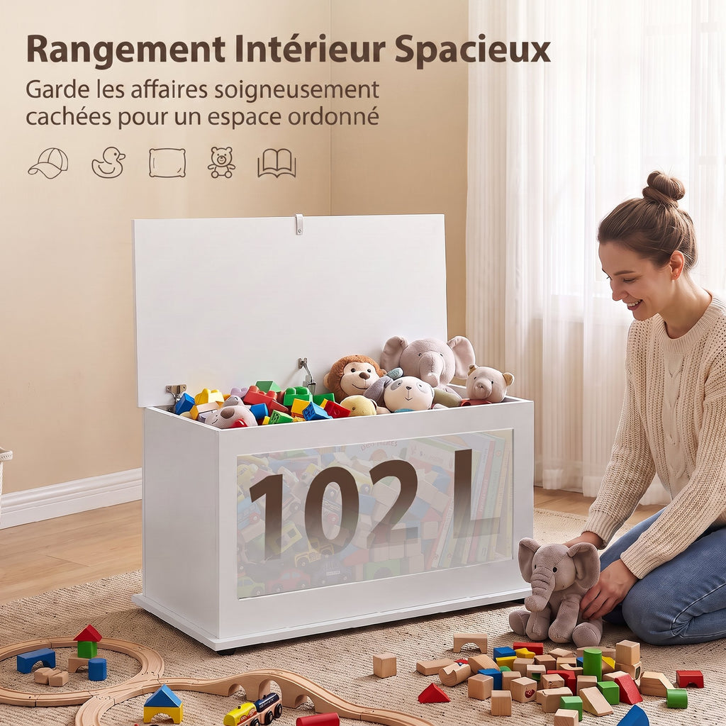 Coffre de Rangement, Banc de Rangement avec Couvercle Rabattable et Charnières de Sécurité, 80 x 40 x 45 cm, Blanc