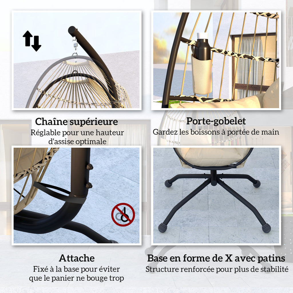 Fauteuil oeuf suspendu, intérieur et extérieur, panier pliable, coussin rembourré, cadre en acier, beige