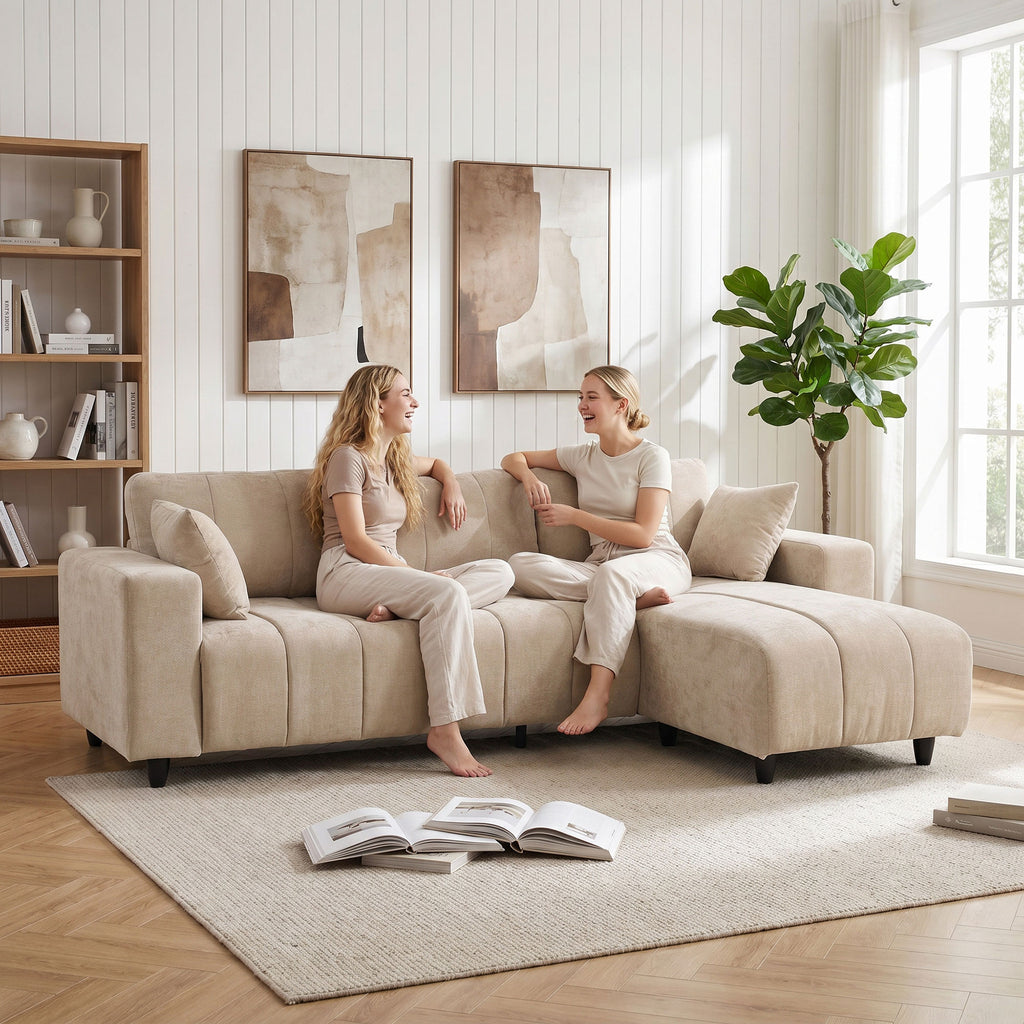 Canapé d'Angle Modulable 242 cm, Canapé 4 Places en L avec Méridienne Réversible, 2 Oreillers, Tissu Aspect Lin, Beige